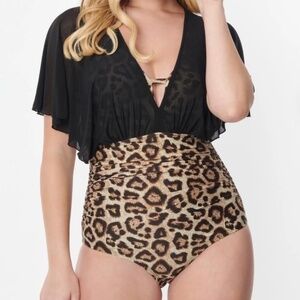 Unique Vintage Leopard & Black Mesh Cape Sleeved Torrey Swimsuit Size L / 10-12